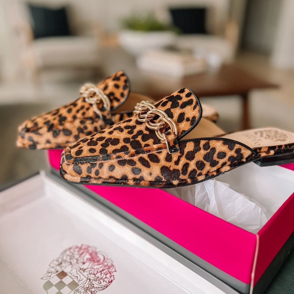 Vince Camuto, leopard cow hair mules, size 7 new with box.